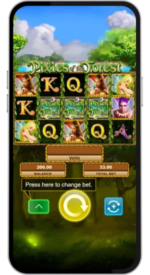Base game reels showing three Pixies of the Forest logo symbols across the middle row